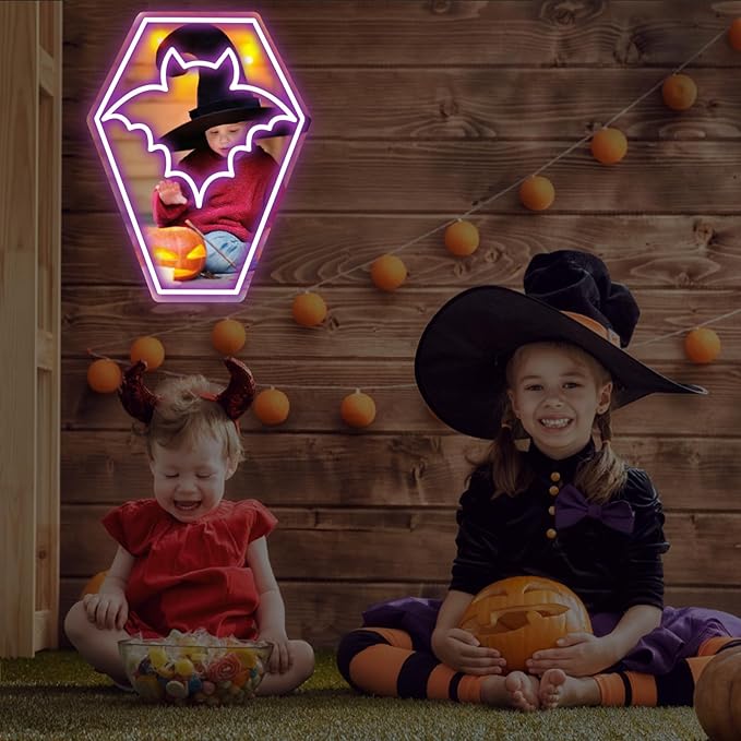 Coffin Bat Neon Mirror Sign,Gothic Room Decor,USB Powered,Halloween Bat Coffin Decor,LED Light Gothic Room, Teen Girls Preppy