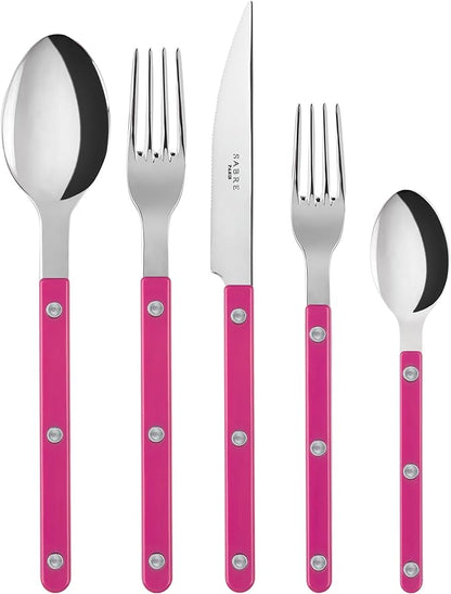 5-Piece Flatware Set - Bistrot Collection - Knife, Fork, Soup Spoon, Teaspoon & Dessert Fork - Stainless Steel & Nylon - Dishwasher Safe - Raspberry - Brilliant Finish