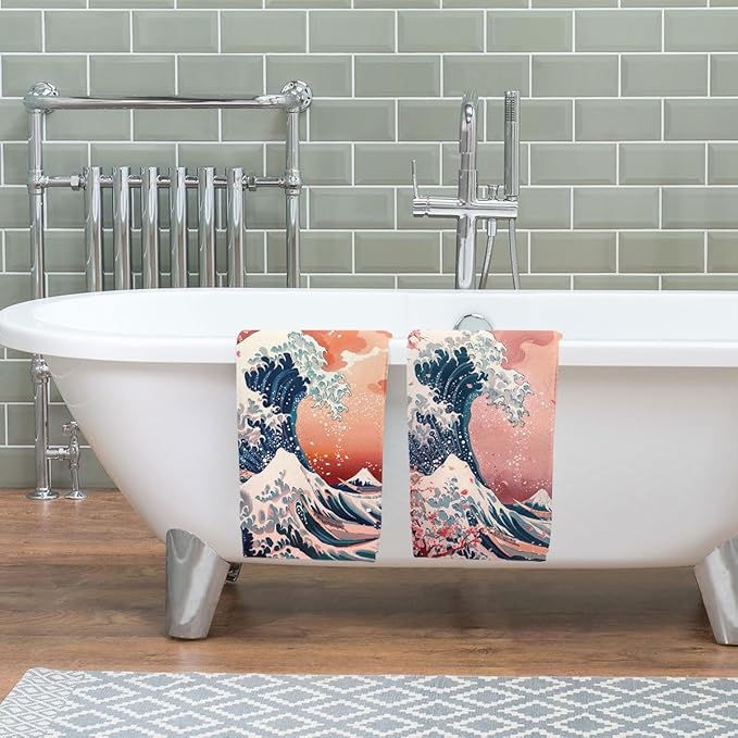 Cherry Blossom Kitchen Towels Set of 2 Japanese Ocean Wave Anime Dish Towels Gifts for Women 16x24 Tabletop Decor