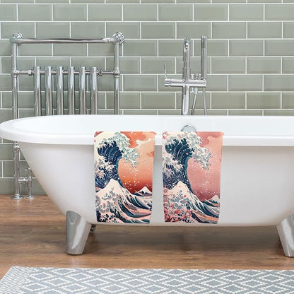 Cherry Blossom Kitchen Towels Set of 2 Japanese Ocean Wave Anime Dish Towels Gifts for Women 16x24 Tabletop Decor