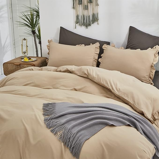 CLOTHKNOW Taupe Ruffles King Size Comforter Set 3Pcs Farmhouse Bedding Comforter Sets Champagne Comforter Light Brown Comforter with 2 x Pillow Cases