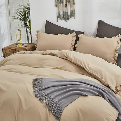 CLOTHKNOW Taupe Ruffles King Size Comforter Set 3Pcs Farmhouse Bedding Comforter Sets Champagne Comforter Light Brown Comforter with 2 x Pillow Cases