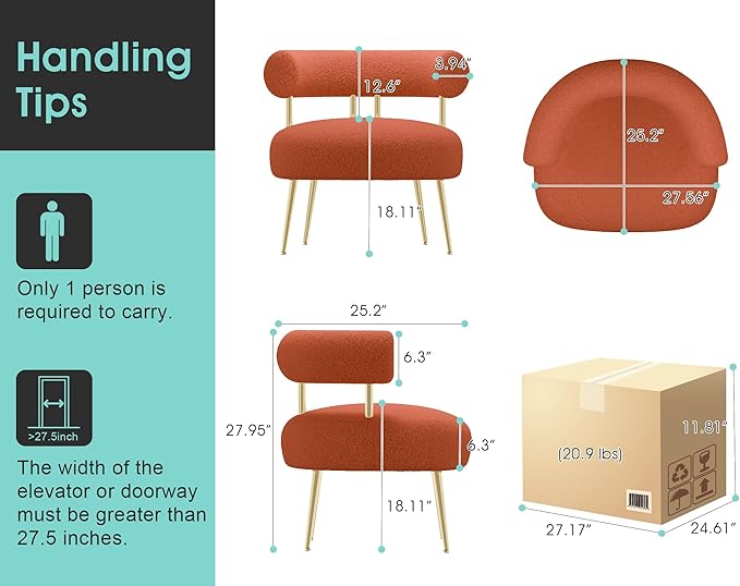 Mid Century Sherpa Boucle Accent Chair, Round Upholstered Barrel Arm Chair for Small Spaces, Fluffy Side Corner Chair for Living Room, Bedroom, Vanity, Office, Reading Nook(Orange)