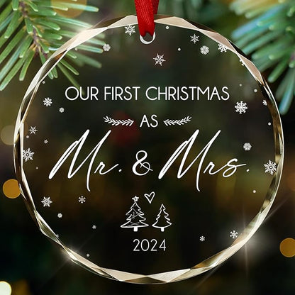 Anniversary Wedding Gifts for Him, Her, Christmas Ornament - Just Married, Romantic Couple Gifts for Husband and Wife - Christmas Tree Decoration Glass Ornament
