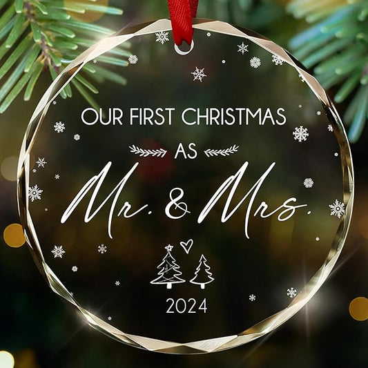 Anniversary Wedding Gifts for Him, Her, Christmas Ornament - Just Married, Romantic Couple Gifts for Husband and Wife - Christmas Tree Decoration Glass Ornament