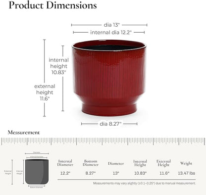 LuxenHome 13" Dia Ceramic Plant Pots, Red Glaze Indoor Outdoor Planter Pot with Drainage Hole and Rubber Plug, Modern Round Large Flower Pot for Home Garden Office or Patio
