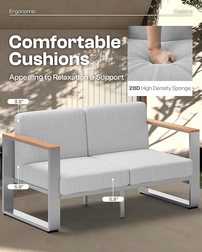 Aluminum Outdoor Patio Furniture,1 Piece 3-Seat Outdoor Seating, All-Weather Outside Chair for Deck, Porch (Teak-Gray)