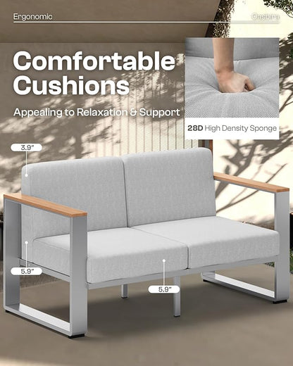 Outdoor Patio Furniture Set, 4 Piece Aluminum Patio Furniture Set with Wide Outdoor Seating and Thick Cushions, Modern Outdoor Patio Conversation Sets for Deck, Porch (Teak-Gray)