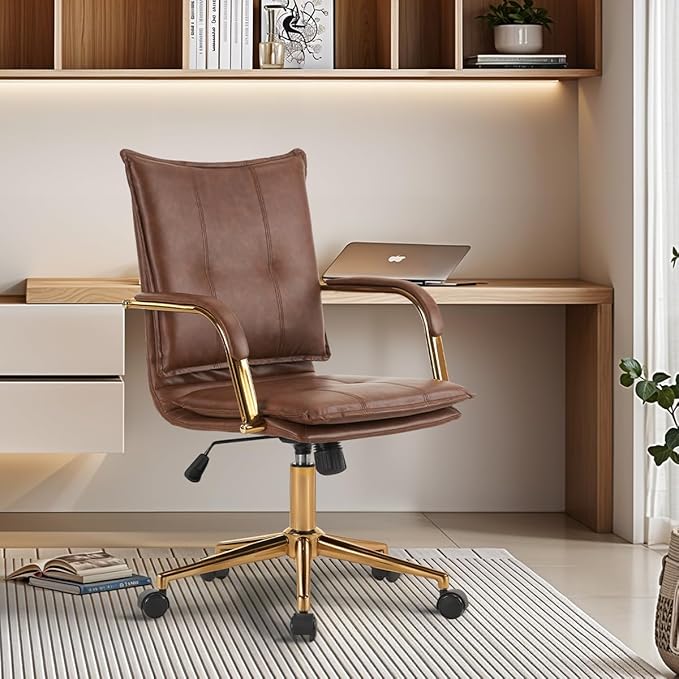 MOJAY Mid-Back Ergonomic Leather Desk Chair, Modern Upholstered Computer Chair, Executive Office Chair with Arms, Swivel Adjustable Rolling Chair with Gold Base (Brown)