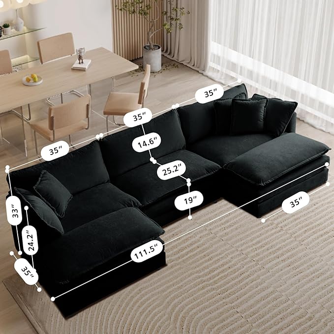 SoarFlash Chenille Sectional Sofa, Comfy L Shaped Modular Coush Sofa with Ottoman, Modern 3 Seat Couch Deep Seat Sofa Set for Living Room,Black