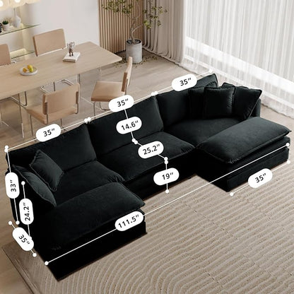 SoarFlash Chenille Sectional Sofa, Comfy L Shaped Modular Coush Sofa with Ottoman, Modern 3 Seat Couch Deep Seat Sofa Set for Living Room,Black