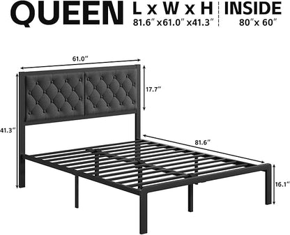 Queen Bed Frame with Headboard Linen Upholstered Bed Frame Platform,All Metal Slats Support Platform Bed Frame with Storage Space,Easy Assembly,Noise Free,No Box Spring Needed,Grey