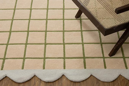 Scalloped Border Wool Area Rug with Windowpane Grid, Hand-Tufted, Beige-Blush with Sage Lines & Light Purple Edge - Soft High-Low Pile for Living Room, Bedroom, Nursery - 2.5x11 Ft (Runner)