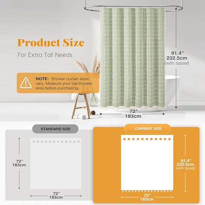 BTTN Extra Long Shower Curtain - 72x90 Inch Long Boho Tassel Linen Fabric Shower Curtain Set with 12 Plastic Hooks, Modern Farmhouse Elegant Heavy Duty Cloth Shower Curtains for Bathroom - Sage Green