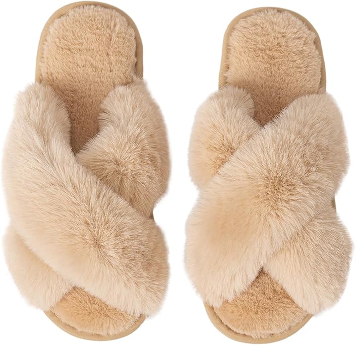 Women's Slipper Memory Foam Cross Band Fuzzy Slippers Open Toe Cozy House Slippers Cozy Plush Bedroom Indoor Outdoor