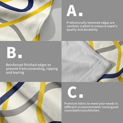 Modern Kitchen Towels Set of 2 Navy Yellow Grey Geometric Stripe Microfiber