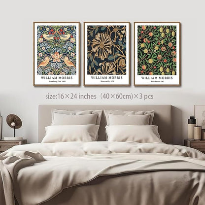 ILLBDR William Morris Framed Wall Art Vintage Botanical Canvas Wall Art Set of 3 Gold Strawberry Thief Prints Cotton Artwork Birds Pictures Decor for Bedroom Living Room 16x24 Inch