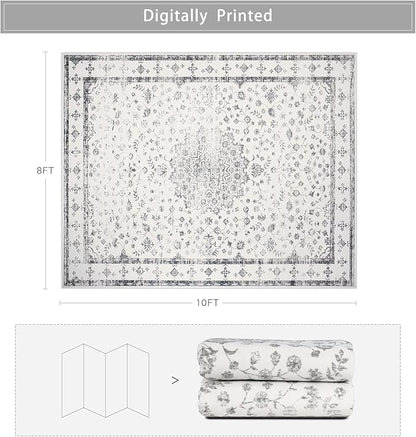 Washable Rugs 8x10 Area Rugs for Living Room,Rugs for Bedroom,Large Carpets,Ultra Soft Faux Wool Retro Dining Room Rug,Non Slip&Non-Shedding Low Pile Vintage Print Rug for Home Office-Grey