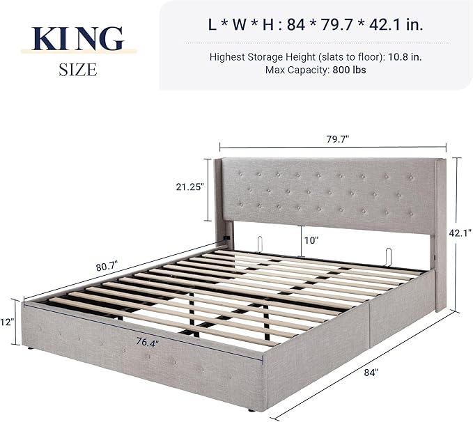 Allewie King Size Lift Up Storage Bed, Button Tufted Headboard with Wingback, Hydraulic Support, No Box Spring Needed, Light Beige