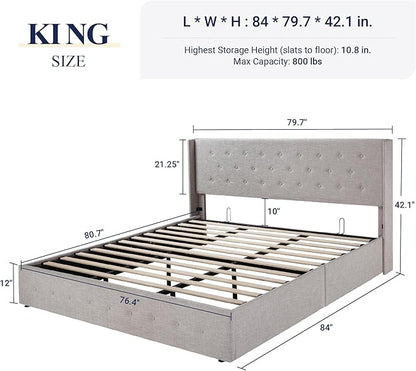 Allewie King Size Lift Up Storage Bed, Button Tufted Headboard with Wingback, Hydraulic Support, No Box Spring Needed, Light Beige