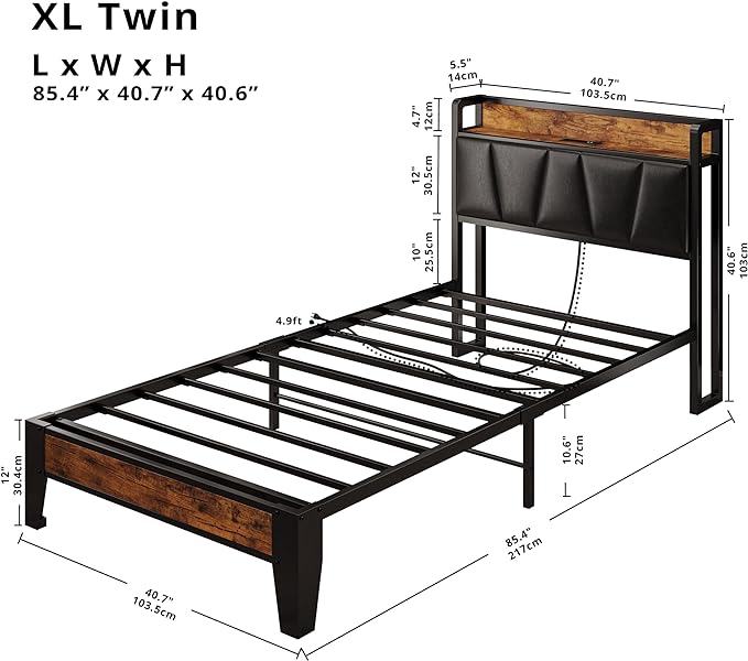 LIKIMIO Twin XL Bed Frames, Storage Headboard with Charging Station, Solid and Stable, Noise Free, No Box Spring Needed, Easy Assembly (Vintage and Black)