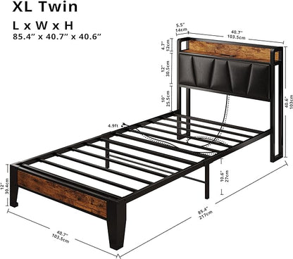 LIKIMIO Twin XL Bed Frames, Storage Headboard with Charging Station, Solid and Stable, Noise Free, No Box Spring Needed, Easy Assembly (Vintage and Black)