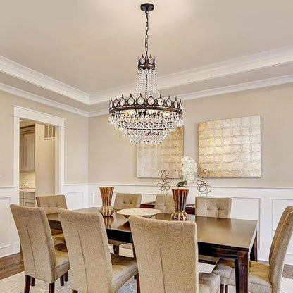 Vintage Crystal Chandeliers for Dining Room Light Fixture, 9-Light Antique Bronze French Empire Chandelier for Foyer Entryway Kitchen Island Bar Living Room, D24 x H27