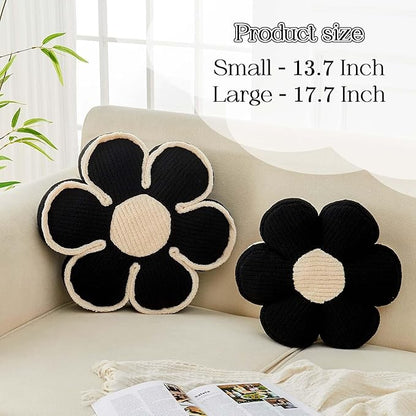 Flower Pillow, Soft Flower Decorative Throw Pillow, Cute Daisy Flower Shaped Seating Floor Cushion Room Décor Plush Pillows for Sofa Couch Bed (17.7 Inch, Black)