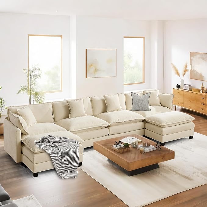 SoarFlash 143.2" Chenille Sectional Sofa, Comfy U Shaped Modular Coush Sofa with Ottoman, Modern 4 Seat Couch Deep Seat Sofa Set for Living Room,Beige