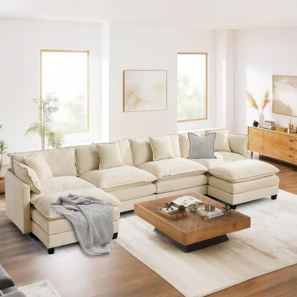 SoarFlash 143.2" Chenille Sectional Sofa, Comfy U Shaped Modular Coush Sofa with Ottoman, Modern 4 Seat Couch Deep Seat Sofa Set for Living Room,Beige