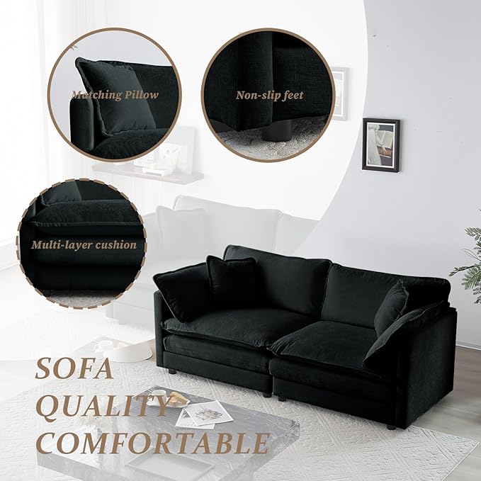 SoarFlash Chenille Sectional Sofa, Comfy Modular Loveseat Sofa, Modern 2-Seat Couch Deep Seat Sofa Set for Living Room,Black
