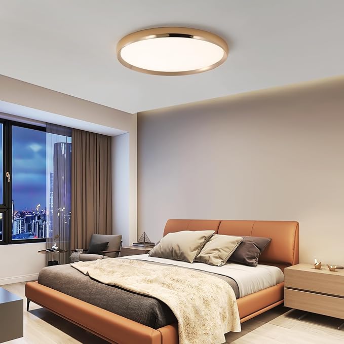 Dimmable LED Flush Mount Ceiling Light, 19inch Gold Bedroom Ceiling Lamp, Ultra-Slim, 40W, 3000K-6000K Adjustable, Modern Kitchen Lighting Fixture for Living Room, Bathroom, Office, Study