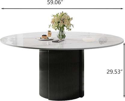 59" Modern Round Dining Table for 6, Glossy White Sintered Stone Kitchen Table with Black Fluted Metal Pedestal, for Dining Room (Table Only), Easy Assembly
