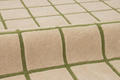 Scalloped Border Wool Area Rug with Windowpane Grid, Hand-Tufted, Beige-Blush with Sage Lines & Light Purple Edge - Soft High-Low Pile for Living Room, Bedroom, Nursery - 9x9 Ft (Round)