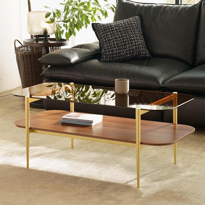Saint Mossi Tadio Double Layer Glass Coffee Table for Living Room, Brown Glass & Coffee Brown MDF Bottom Shelf with Rounded Corners, L41xW21xH17