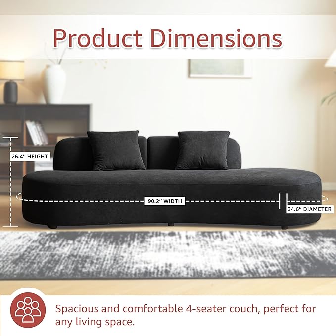 90" Curved Sofa with Throw Pillows, 4 Seater Luxury Velvet Couch with Half Moon Design and High-Density Foam, Ideal for Modern Living Room, Office & Apartment, Black