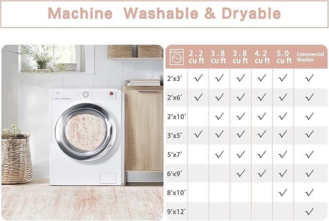 Washable Rugs 9x12 Area Rugs for Living Room,Rugs for Bedroom,Large Carpets,Ultra Soft Faux Wool Retro Dining Room Rug,Non Slip&Non-Shedding Low Pile Vintage Print Rug for Home Office-Pink White