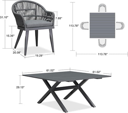 PURPLE LEAF 5 Pieces Oversized Square Patio Dining Set with Outdoor Aluminium Dining Table and Woven Chairs Modern Metal Furniture Cushions Sets for Garden Yard Indoor Decor Kitchen Gray