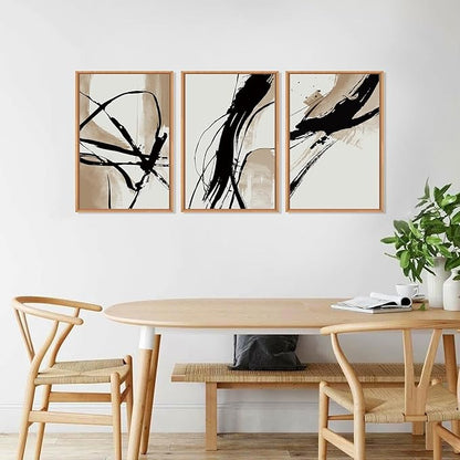 HOURIA Large Abstract Tan and Black Brush Stroke Framed Canvas Wall Art Set,Textured Beige Circle Wall Decor,Minimalism Brown Ink Line Artwork,Modern Shape Art Print for Living Room,Bedroom-16 x24 x3