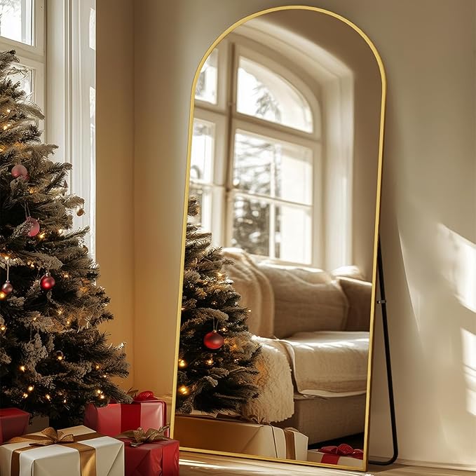 Full Length Mirror, 71"x32" Oversized Arched Large Standing, Tall Body Floor Mirror Wall Hanging for Bedroom Living Room Aluminum Frame,Gold