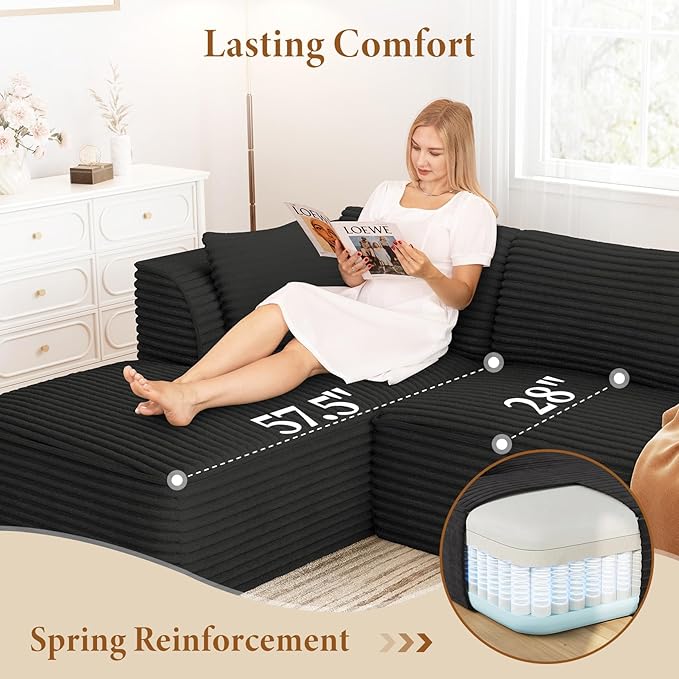 Vesgantti 106" Boneless Couch with Chaise, Deep Seat Comfy Cloud Modular Sofa Corduroy Sectional Couches for Living Room Bedroom, No Assembly Required (Black, Left-Facing Chaise)
