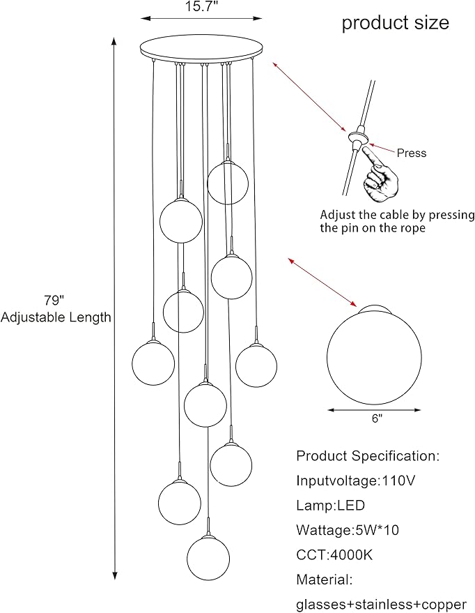 10-Light LED Staircase Chandelier Crystal Ceiling Lights Large Chandeliers for High Ceilings, Entryway Modern Lighting Fixture Villas and Stairs, Adjustable Length 16" W x79 H，50W -Grey