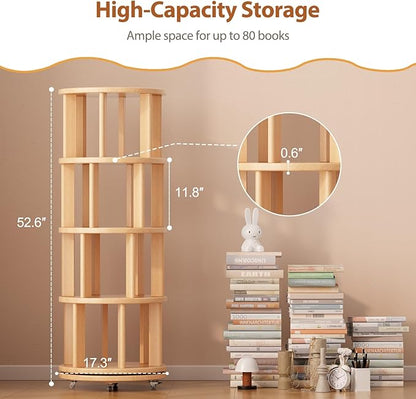 Solid Wood Rotating Bookshelf on Wheels, 4 Tier, Round Revolving Bookcase, 360° Spinning Book Shelf Tower for Kids, Narrow Rolling Bookshelves for Small Space, Corner, Bedroom, Office, Natural