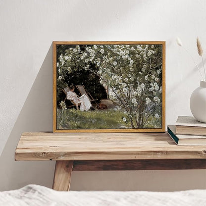 KBKBART Framed Vintage Canvas Wall Art, Retro French Country Garden Women Flower Classical Painting Bedroom Art Print, Rustic Vintage Wall Decor Ready To Hang for Bathroom, Living Room, Office,