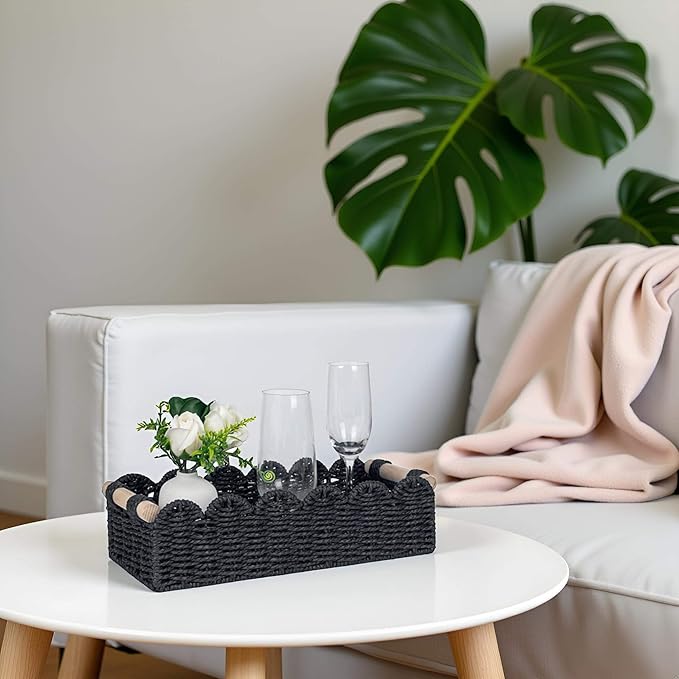 CubesLand Toilet Paper Storage Basket Scalloped Edge Home Decor Basket, Living Room Cozy Decor, Paper Rope Small Baskets for Over Toilet Storage Shelf, Shelves, with 2 Wooden Handles, Black