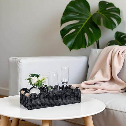 CubesLand Toilet Paper Storage Basket Scalloped Edge Home Decor Basket, Living Room Cozy Decor, Paper Rope Small Baskets for Over Toilet Storage Shelf, Shelves, with 2 Wooden Handles, Black