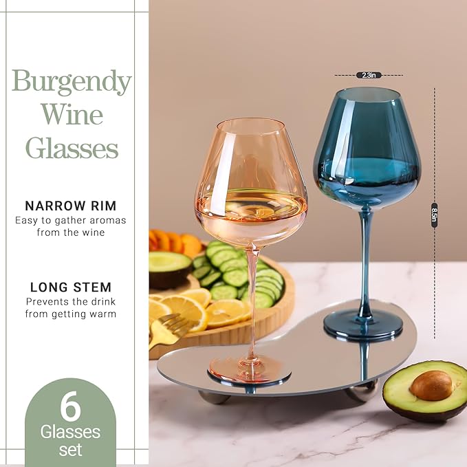 Physkoa Colored Burgendy Wine Glasses Set 6-18oz HandBlown Colorful Wine Glass With Long Stem,Multi Color Mothers Day Wine Glasses Gift for Women Mom