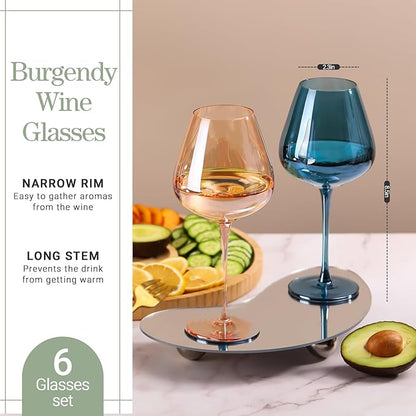 Physkoa Colored Burgendy Wine Glasses Set 6-18oz HandBlown Colorful Wine Glass With Long Stem,Multi Color Mothers Day Wine Glasses Gift for Women Mom