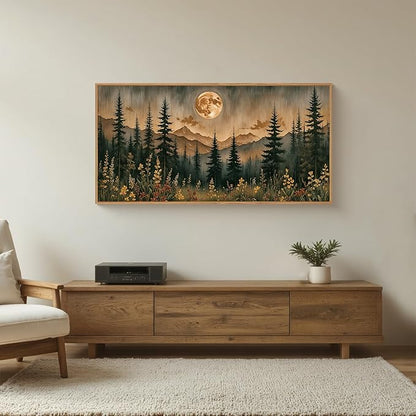 HOURIA Nature Forest Mountain Framed Canvas Wall Art Set,Moonlight Pine Tree Flower Wall Decor,Wilderness Field Wall Painting,Vintage Botanical Art Prints for Living Room,Bedroom,Farmhouse- 20"x40"x1