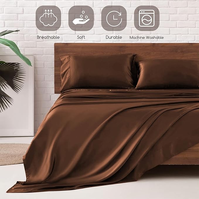 MR&HM Satin Bed Sheets, Queen Size Sheets Set, 4 Pcs Silky Bedding Set with 15 Inches Deep Pocket for Mattress (Queen, Brown)